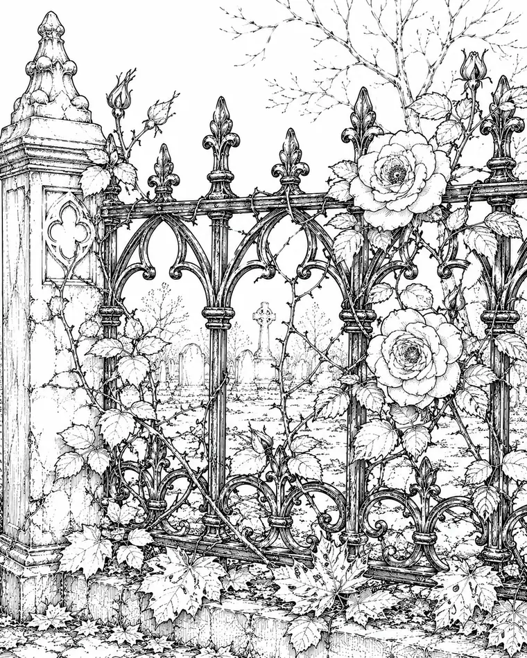 Gothic coloring page with candles and roses