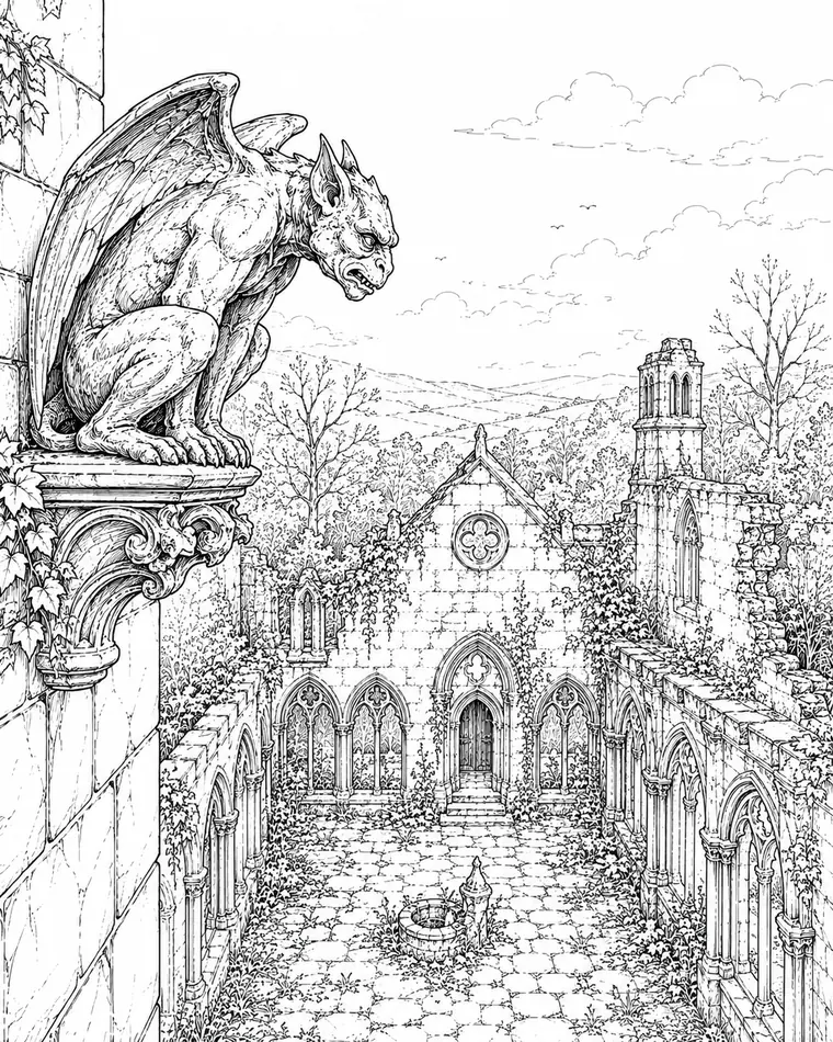 Gothic coloring page with castle interior