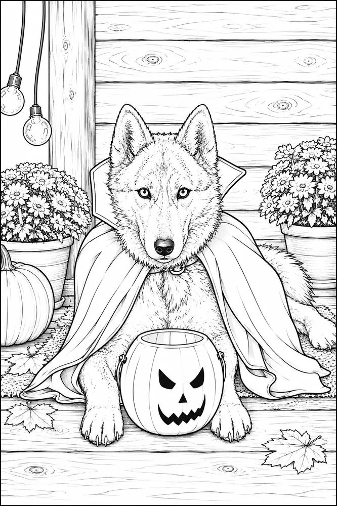 Halloween coloring page with costumed child and dog