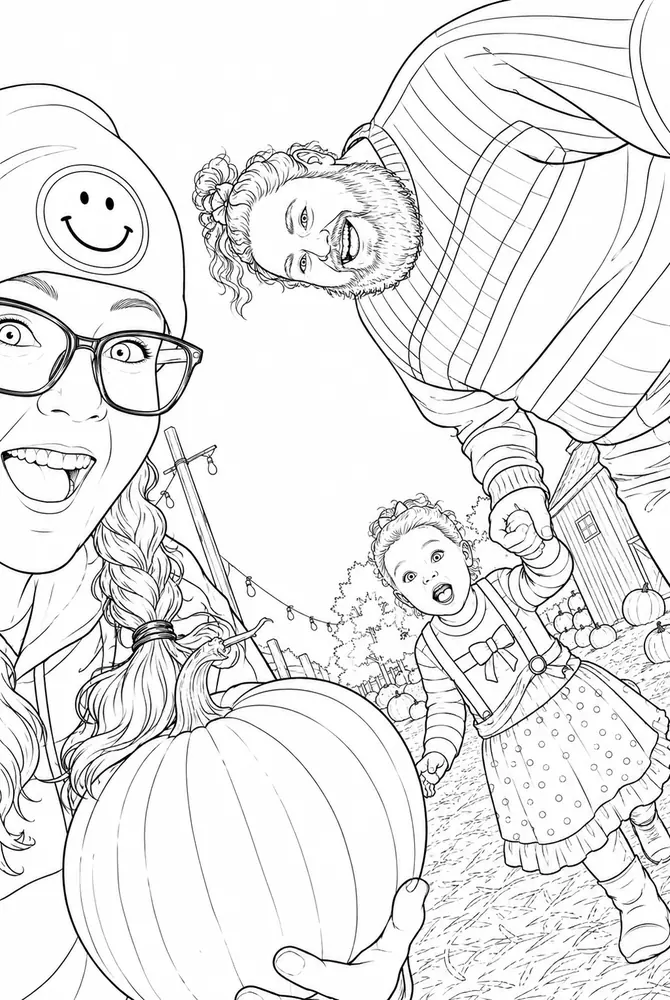 Halloween coloring page with family at a pumpkin patch