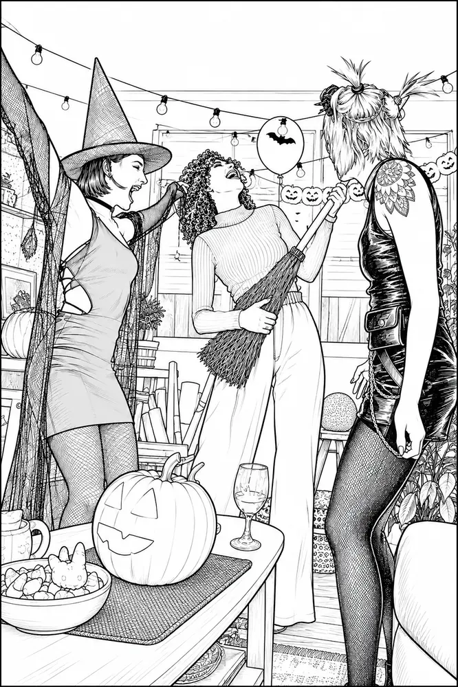 Halloween coloring page with adults at a costume party