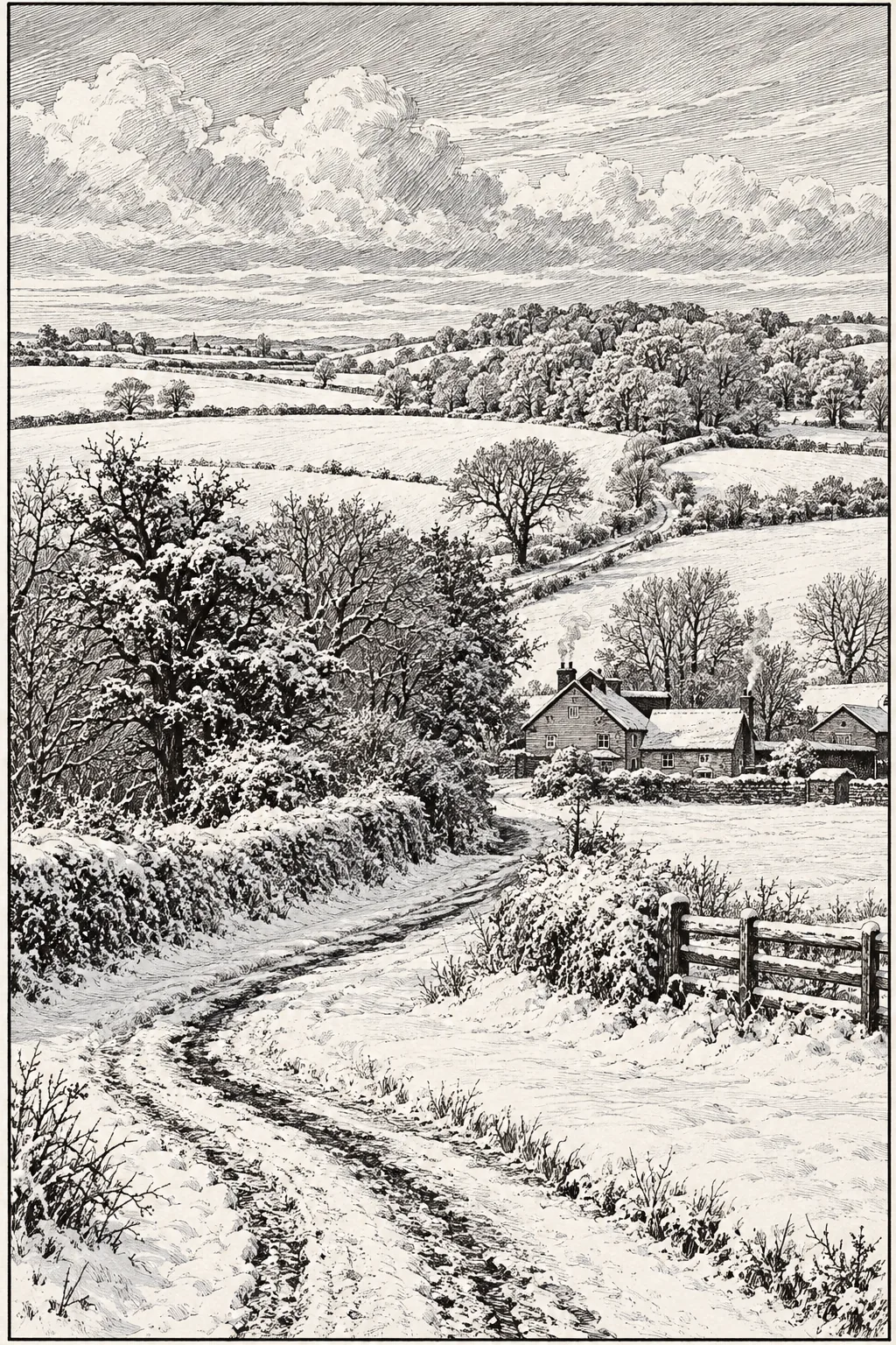 A snowy country lane near Ashcombe