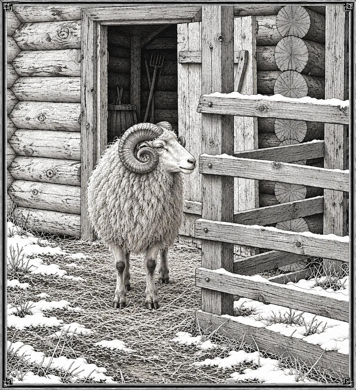 A ram beside a snowy barn
