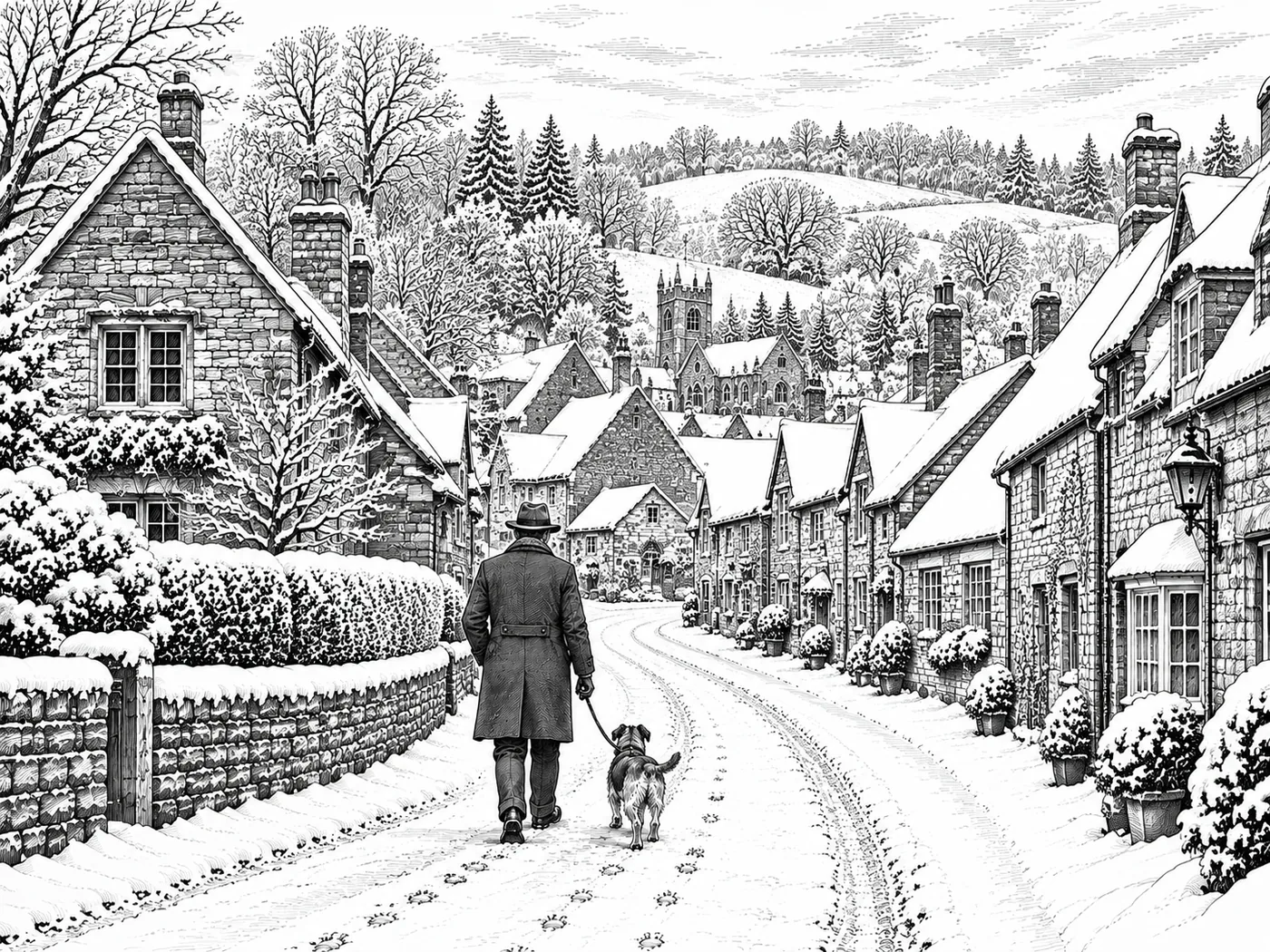Sebastian Braithwaite and Molly walking through snowy Ashcombe
